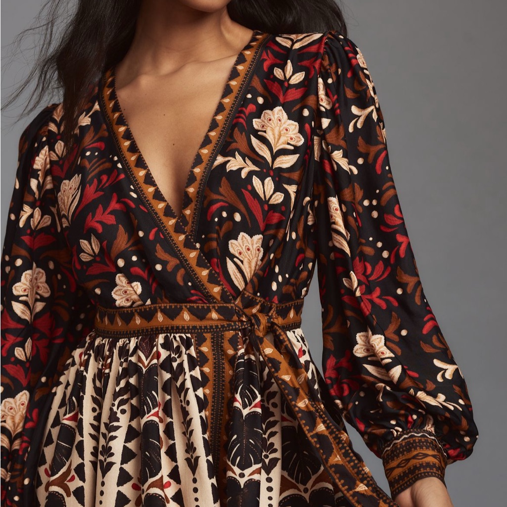 Farm Rio Red + Brown Tapestry Garden V-Neck Mini Dress